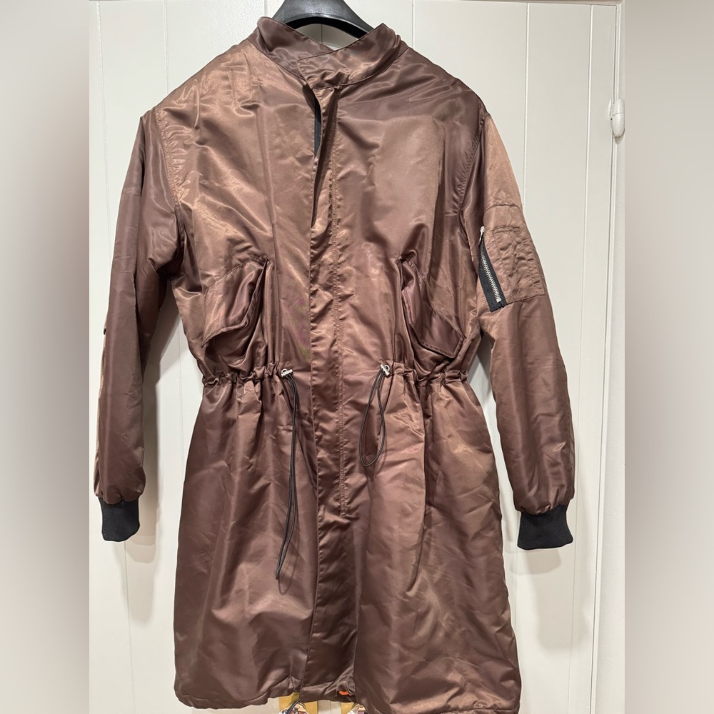Women’s Brown Bomber Jacket Cinched Waist MA-1 Style Orange Lining Size L - Picture 6 of 6